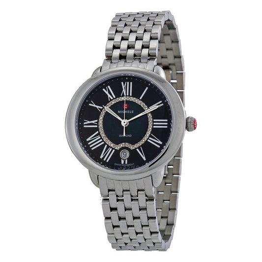 Michele, Serein 16 Black Diamond Dial Stainless Steel Ladies Watch