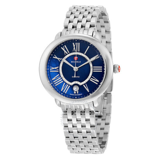 Michele, Serein 16 Blue Mother of Pearl Diamond Dial Stainless Steel Ladies Watch
