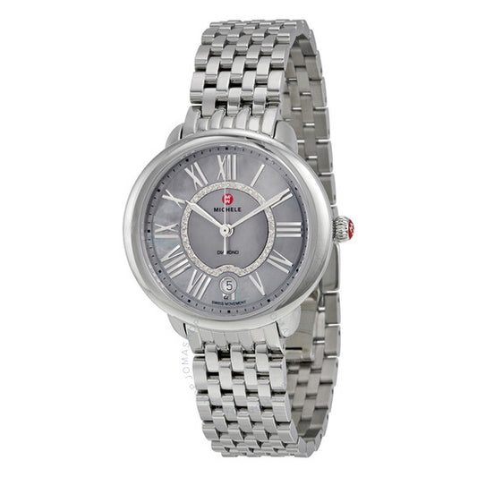 Michele, Serein 16 Grey Mother of Pearl Diamond Dial Stainless Steel Ladies Watch