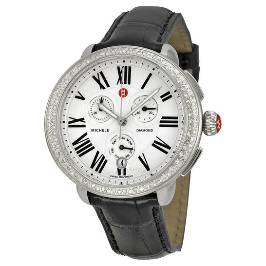 Michele, Serein Chronograph Silver Dial Brown Leather Ladies Watch