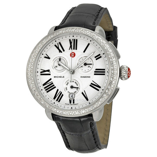 Michele, Serein Chronograph Silver Dial Brown Leather Ladies Watch