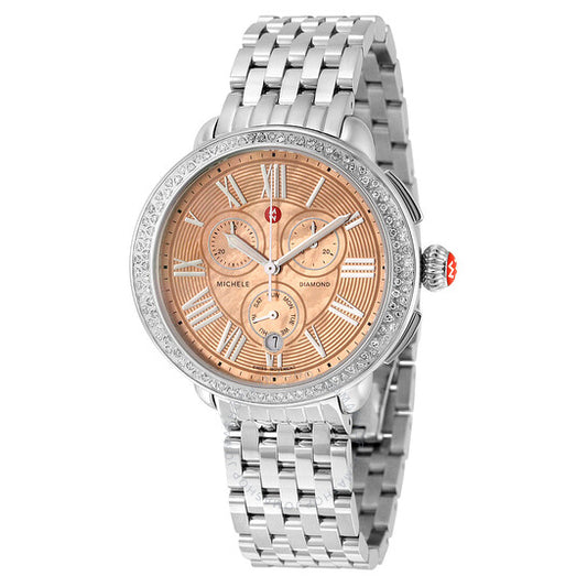 Michele, Serein Metallic Rose Gold Mother of Pearl Dial Stainless Steel Diamond Ladies Watch