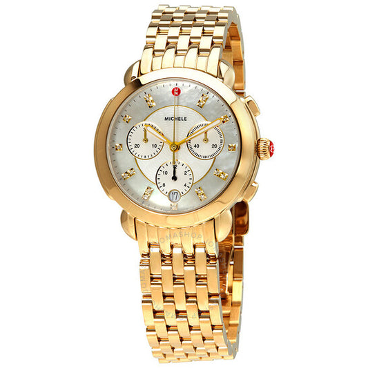 Michele, Sidney White Mother of Pearl Diamond Dial Ladies 18k Gold-Plated Watch