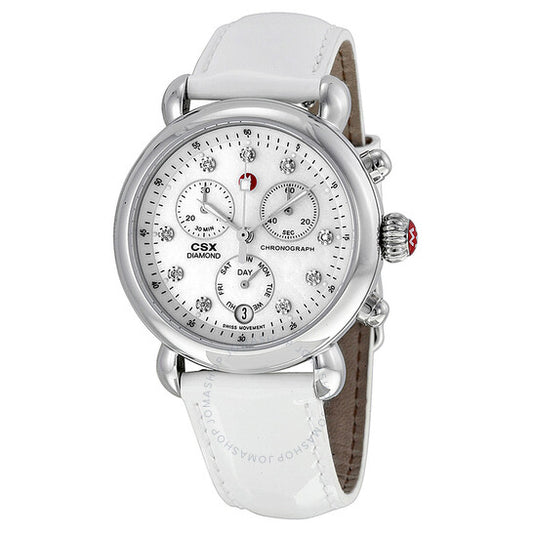 Michele, Signature CSX-36 Mother of Pearl Dial White Leather Ladies Watch