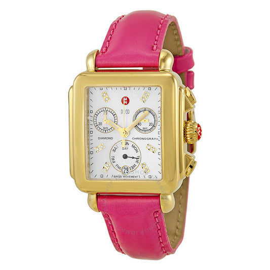 Michele, Signature Deco Mother of Pearl Dial Gold-tone Pink Leather Ladies Watch