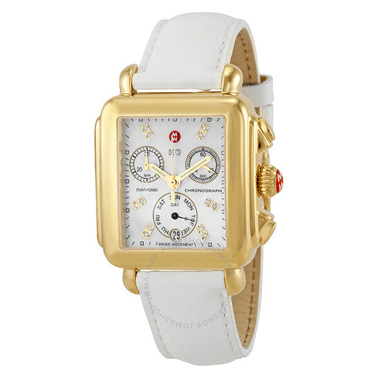 Michele, Signature Deco White Mother of Pearl Dial Gold-tone White Leather Ladies Watch