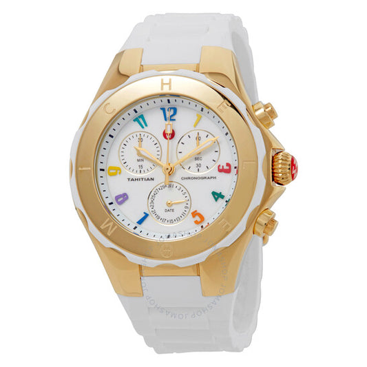 ميشيل، ساعة كرونوغراف سيليكون نسائية من جيلي بينز تاهيتي، بمينا أبيض من المينا، وحزام من الجلد