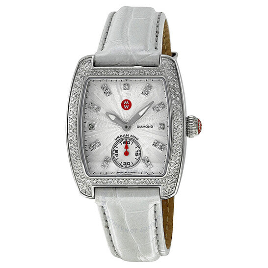 Michele, Urban Mini Silver Dial White Leather Ladies Watch