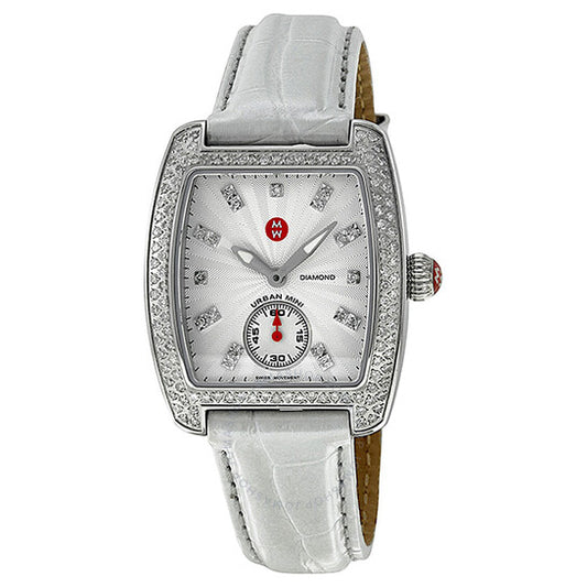 Michele, Urban Mini Silver Dial White Leather Ladies Watch