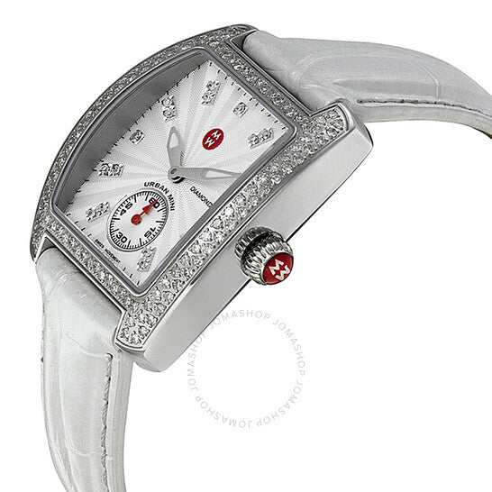 Michele, Urban Mini Silver Dial White Leather Ladies Watch