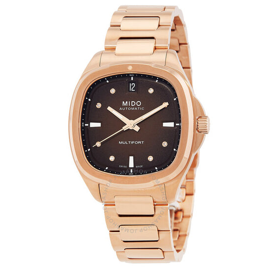 ساعة ميدو مولتي فورت تي في أوتوماتيكية للسيدات بمينا بني مرصعة بالألماس