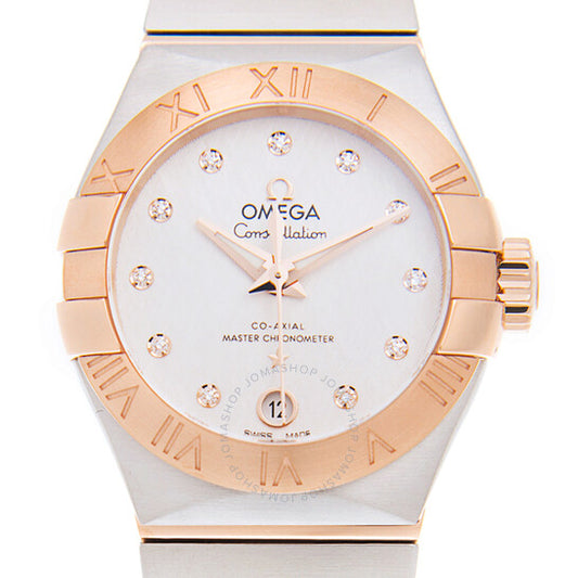 ساعة أوميغا كونستليشن أوتوماتيكية كرونومتر بمينا فضية مرصعة بالألماس للسيدات
