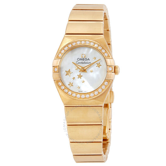 ساعة أوميغا كونستليشن كوارتز ألماس بيضاء بمينا من عرق اللؤلؤ للسيدات