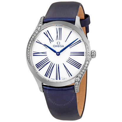 ساعة أوميغا دي فيل للسيدات بمينا أبيض ومرصعة بالألماس