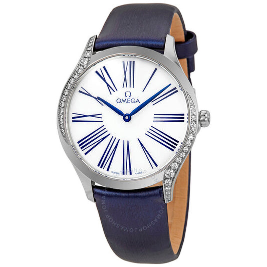ساعة أوميغا دي فيل للسيدات بمينا أبيض ومرصعة بالألماس