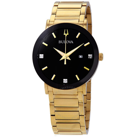 Bulova, Open Box - Diamond Black Dial Yellow Gold-tone Men's Watch