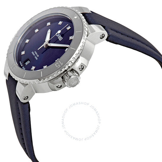 ساعة أوريس أكويس أوتوماتيكية بمينا زرقاء مرصعة بالألماس للسيدات