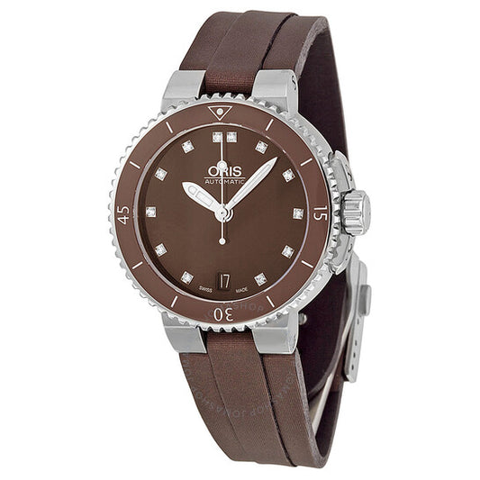 Oris, Aquis Date Diamonds Brown Dial Brown Textile Ladies Watch