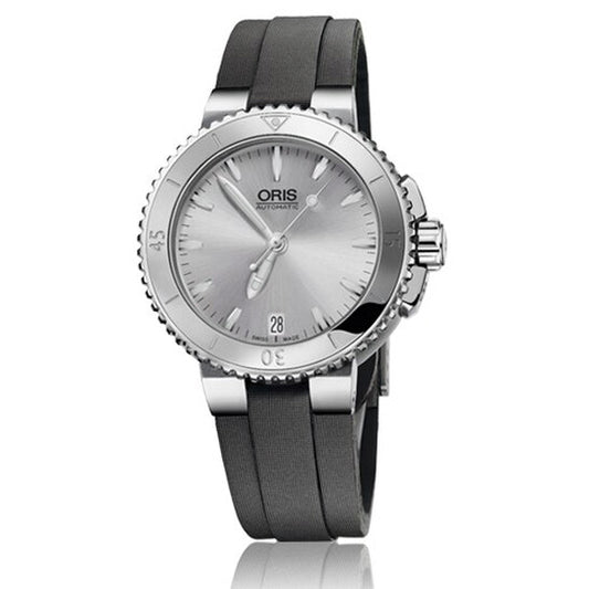 Oris, Aquis Date Silver Dial Dark Grey Textile Ladies Watch 01 733 7652 4141-07 5 18 14FC