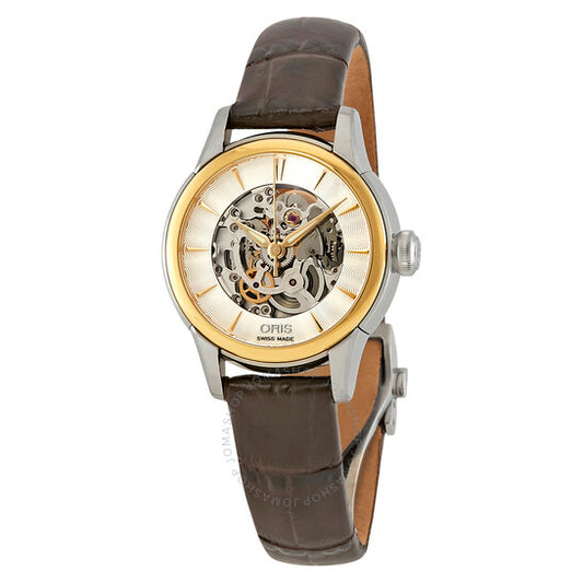 Oris, Artelier Silver Skeleton Dial Automatic Ladies Dark Brown Leather Watch