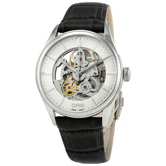 ساعة أوريس أرتيليه الفضية الرجالية الأوتوماتيكية المصنوعة من الجلد بمينا هيكلي