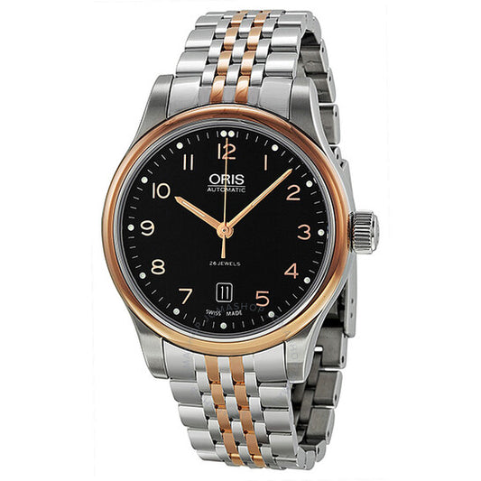 Oris, Classic Date Automatic Black Dial Rose Gold and Steel Men's Watch