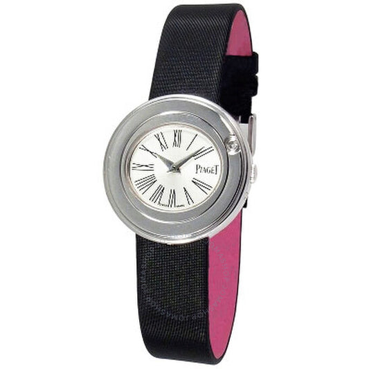 ساعة بياجيه بوسيشن للسيدات، مينا فضي، ذهب أبيض عيار 18 قيراط، مرصعة بالألماس، GOA35083