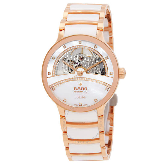 ساعة رادو سنتركس أوتوماتيكية للسيدات بمينا من عرق اللؤلؤ الأبيض والألماس