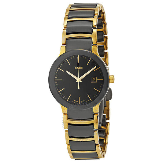 Rado, Centrix Black Dial Yellow Gold PVD Black Ceramic Ladies Watch