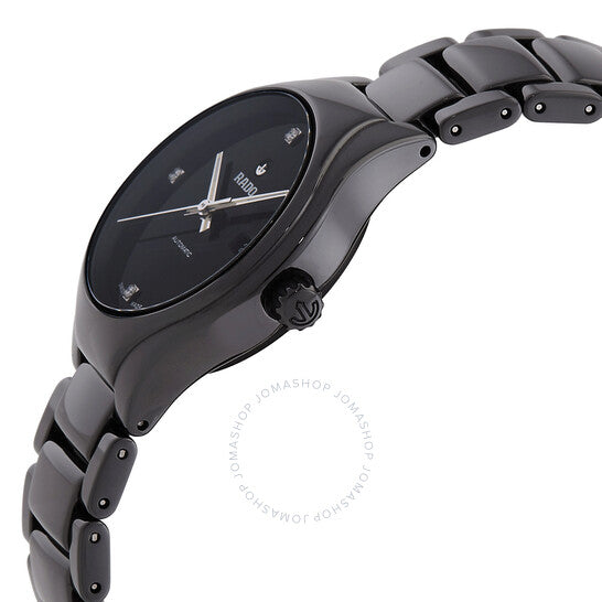 ساعة رادو، أوتوماتيكية حقيقية، مرصعة بالألماس، بمينا سوداء، للسيدات