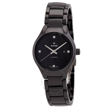 ساعة رادو، أوتوماتيكية حقيقية، مرصعة بالألماس، بمينا سوداء، للسيدات