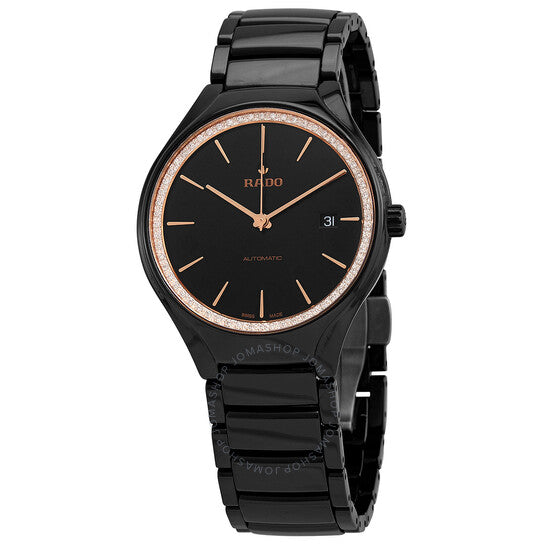رادو، ساعة رجالية أوتوماتيكية حقيقية مرصعة بالألماس بمينا أسود