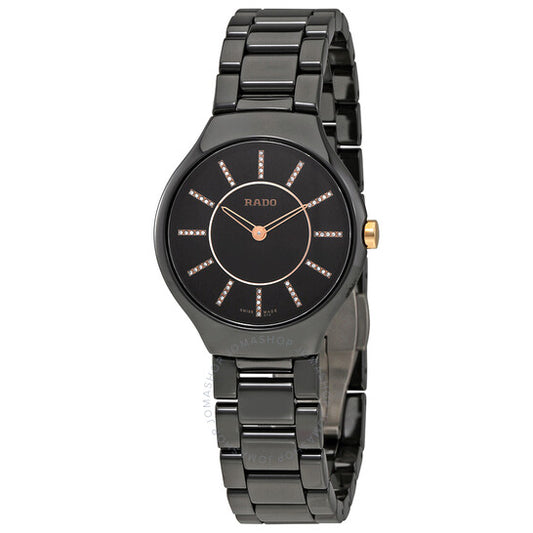Rado, rue Black Dial Diamond Markers Ladies Ceramic Watch
