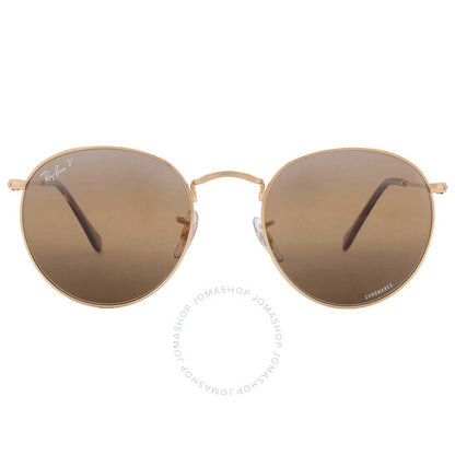 نظارات شمسية رجالية Ray-Ban، إطار دائري معدني، لون فضي وبني
