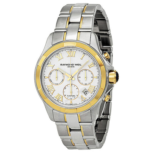 ساعة ريموند ويل بارسيفال للرجال، مينا بيضاء، مصنوعة من الفولاذ المقاوم للصدأ والذهب عيار 18 قيراطًا
