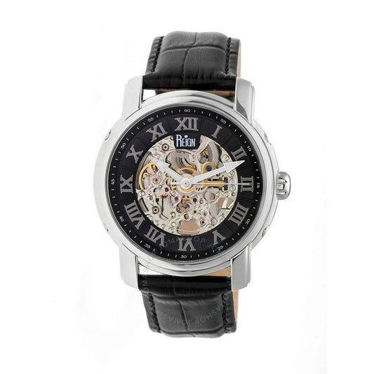 ساعة Reign, Kahn Black Skeleton Roman Numeral Black Leather Strap للرجال