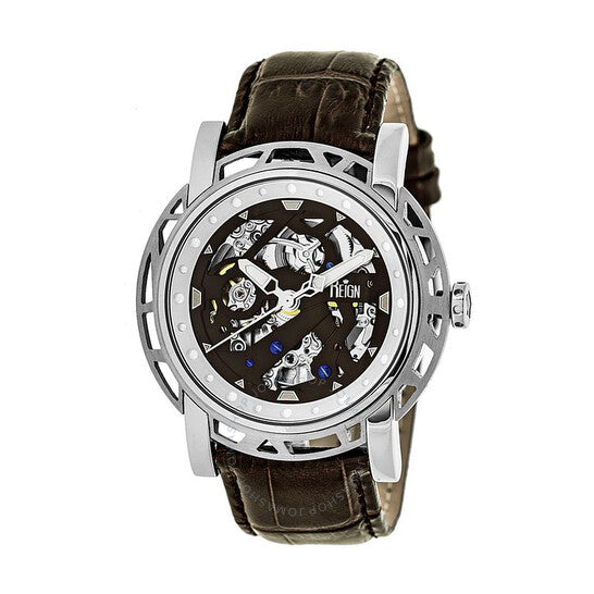 Reign, Stavros Black Skeleton Dial Brown Leather Men's Watch