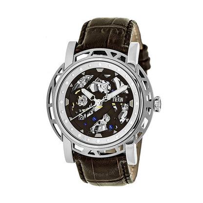 Reign, Stavros Black Skeleton Dial Brown Leather Men's Watch