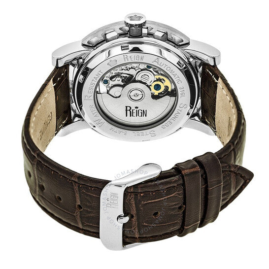 Reign, Stavros Black Skeleton Dial Brown Leather Men's Watch