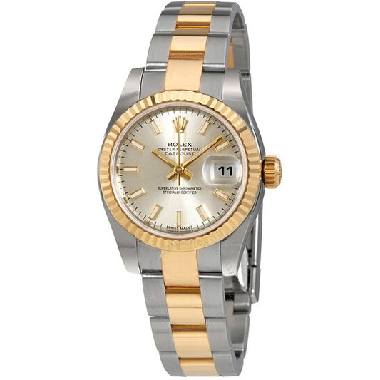 ساعة رولكس ليدي ديت جست 26 أوتوماتيكية بمينا فضي وسوار أويستر من الفولاذ المقاوم للصدأ وذهب أصفر عيار 18 قيراطًا