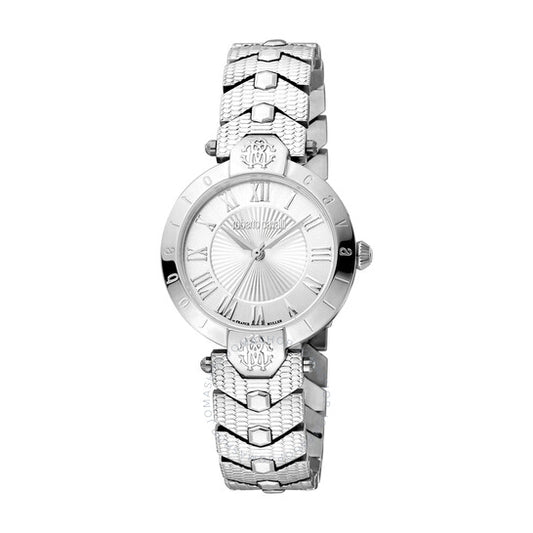 ساعة روبرتو كافالي النسائية الأنيقة ذات الميناء الفضي، كوارتز