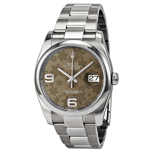 ساعة رولكس ديت جست 36 أوتوماتيكية للسيدات من الفولاذ المقاوم للصدأ بمينا زهرية بنية اللون وسوار أويستر BRFAO