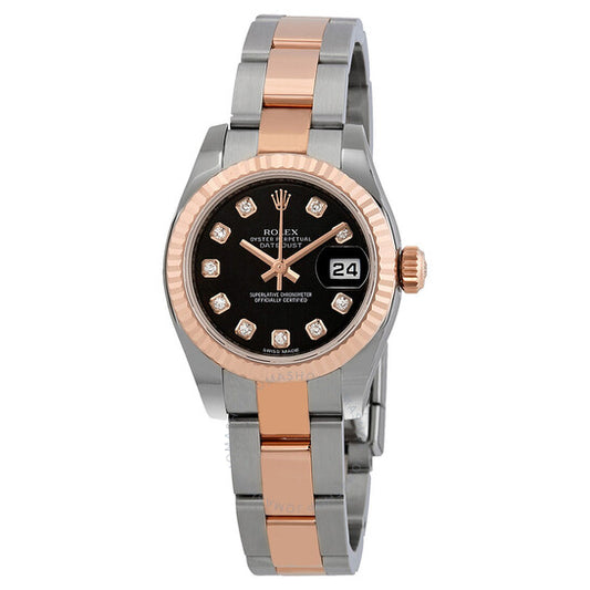 ساعة رولكس ديت جست النسائية، مينا سوداء، فولاذ ماسي وذهب إيفروز عيار 18 قيراطًا