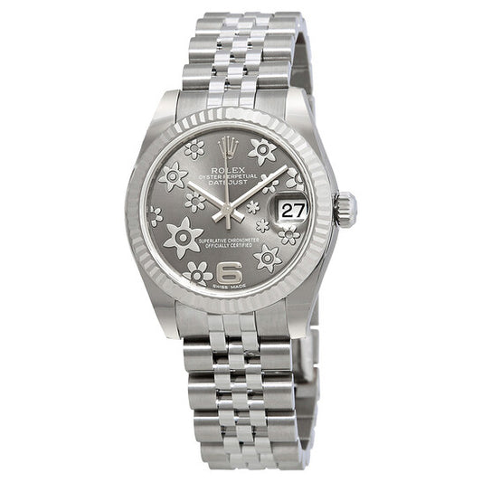 رولكس، ساعة ديت جست ليدي 31 دارك روديوم بمينا بارزة مزخرفة بنقشة زهور، وسوار جوبيلي من الفولاذ المقاوم للصدأ، أوتوماتيكية
