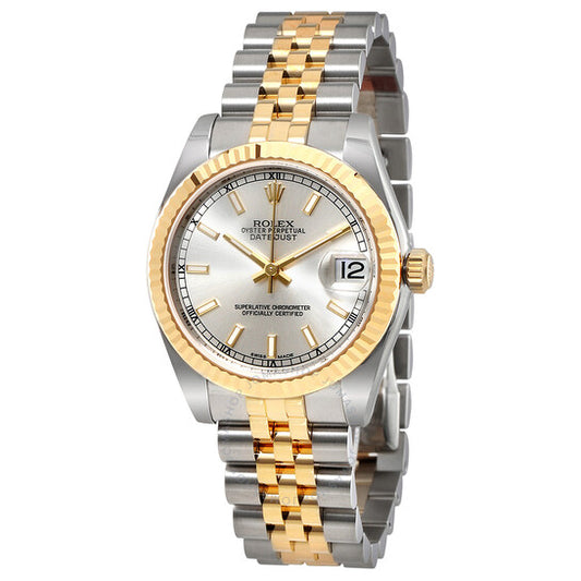 ساعة رولكس ديت جست ليدي 31 أوتوماتيكية بمينا فضي وسوار من الفولاذ المقاوم للصدأ وذهب أصفر عيار 18 قيراطًا