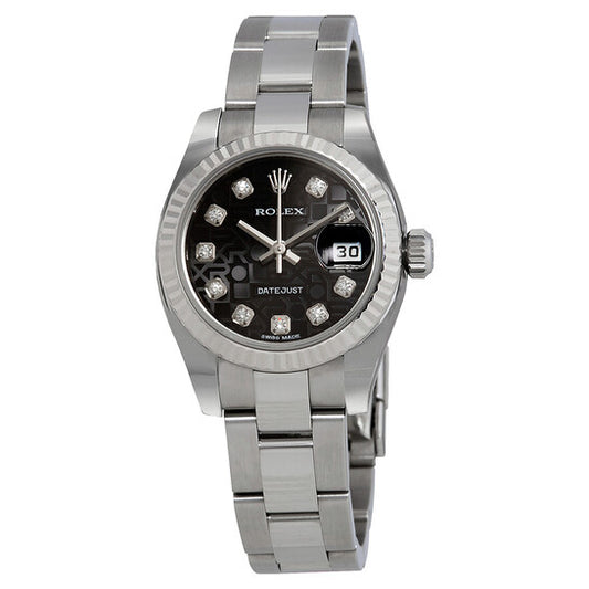 ساعة رولكس ليدي ديت جست 26 أوتوماتيكية بمينا أسود وسوار أويستر من الفولاذ المقاوم للصدأ