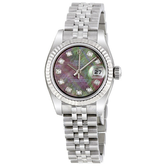 ساعة رولكس ليدي ديت جست 26 أوتوماتيكية بمينا من عرق اللؤلؤ الأسود وسوار من الفولاذ المقاوم للصدأ