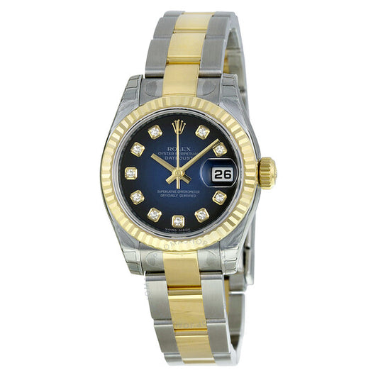 ساعة رولكس ليدي ديت جست 26، مينا زرقاء، مصنوعة من الفولاذ المقاوم للصدأ والذهب الأصفر عيار 18 قيراطًا، بسوار أويستر أوتوماتيكية