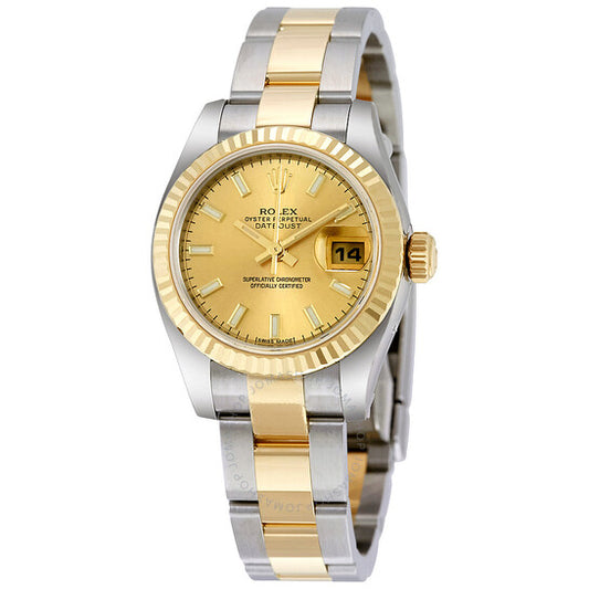 ساعة رولكس ليدي ديت جست 26 أوتوماتيكية بمينا بلون الشمبانيا وسوار أويستر من الفولاذ المقاوم للصدأ وذهب أصفر عيار 18 قيراطًا