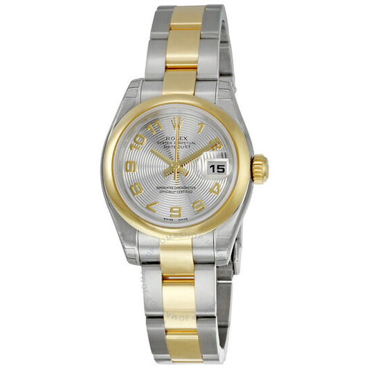 رولكس، ساعة ليدي ديت جست 26 أوتوماتيكية بمينا رمادي وسوار أويستر من الفولاذ المقاوم للصدأ وذهب أصفر عيار 18 قيراطًا، رقم 179163GYAO